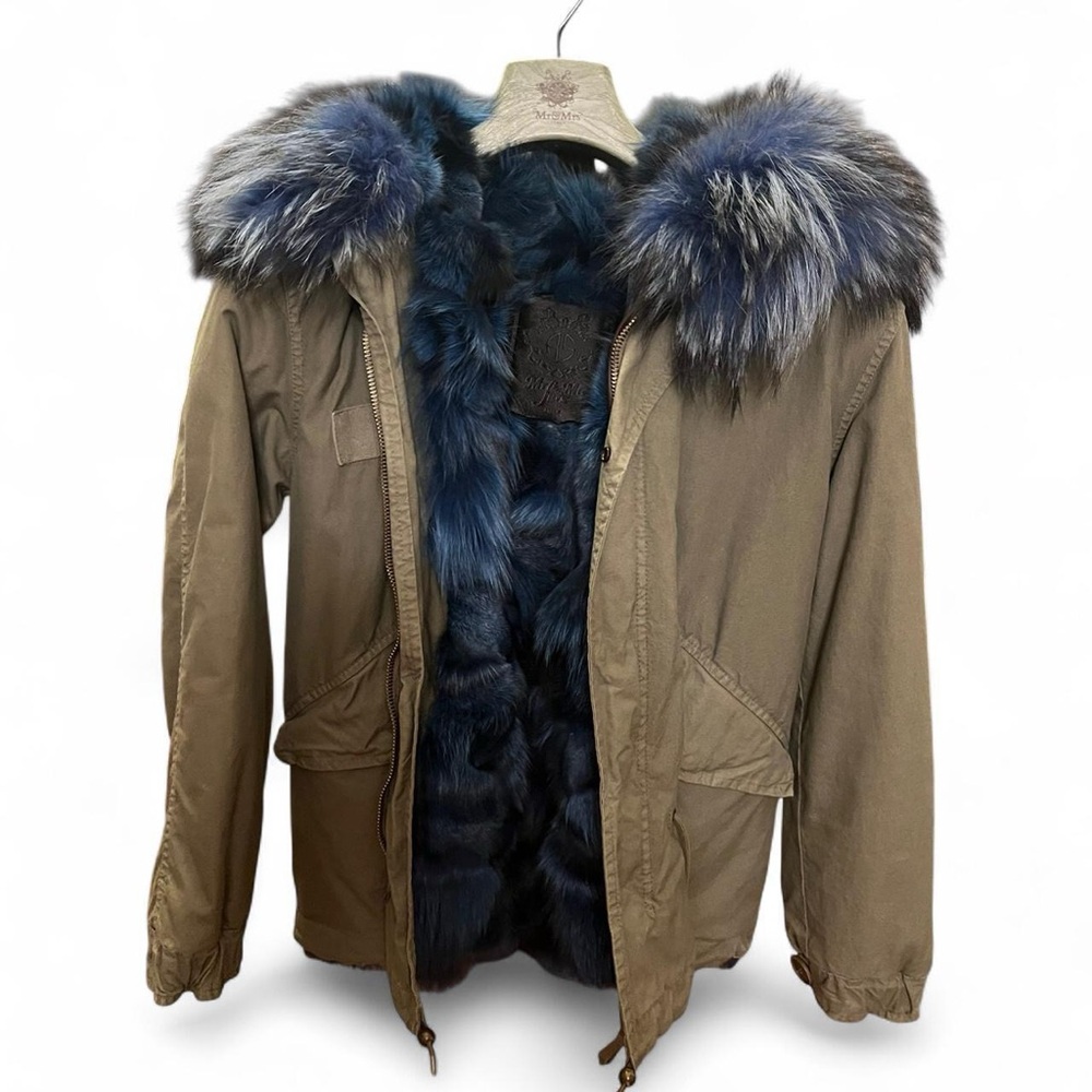 Mr & Mrs Italy Fur lined army parka blue fox raccoon trim coat khaki - Picture 4 of 16